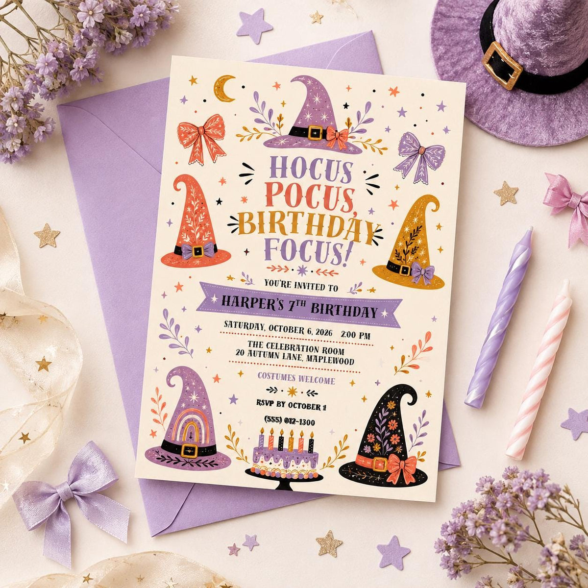 Witch Birthday Invitation, Magical Halloween Birthday Party Invite, Cute Witch Hat Theme, Girls Spooky Birthday, Editable Canva Template