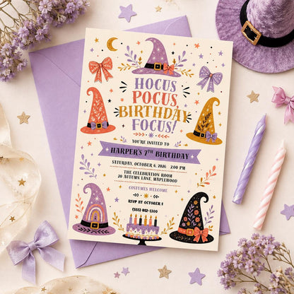 Witch Birthday Invitation, Magical Halloween Birthday Party Invite, Cute Witch Hat Theme, Girls Spooky Birthday, Editable Canva Template