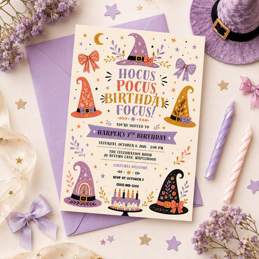 Witch Birthday Invitation, Magical Halloween Birthday Party Invite, Cute Witch Hat Theme, Girls Spooky Birthday, Editable Canva Template