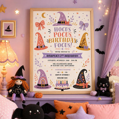 Witch Birthday Invitation, Magical Halloween Birthday Party Invite, Cute Witch Hat Theme, Girls Spooky Birthday, Editable Canva Template