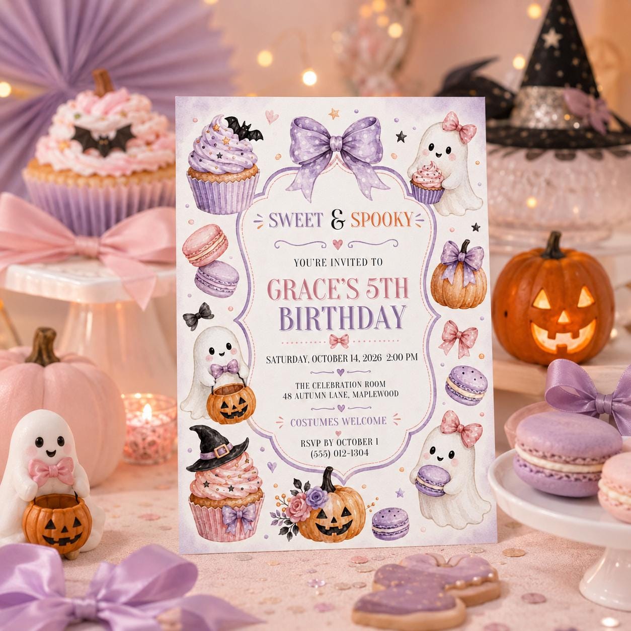 Cute Ghost Halloween Birthday Invitation, Sweet and Spooky Girls Birthday Invite, Pastel Halloween Party, Editable Canva Template