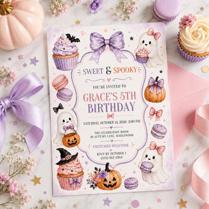 Cute Ghost Halloween Birthday Invitation, Sweet and Spooky Girls Birthday Invite, Pastel Halloween Party, Editable Canva Template