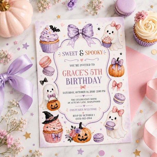 Cute Ghost Halloween Birthday Invitation, Sweet and Spooky Girls Birthday Invite, Pastel Halloween Party, Editable Canva Template