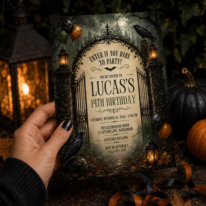 Gothic Halloween Birthday Invitation, Haunted Forest Party Invite, Raven and Lantern Birthday, Spooky Teen Party, Editable Canva Template
