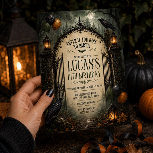 Gothic Halloween Birthday Invitation, Haunted Forest Party Invite, Raven and Lantern Birthday, Spooky Teen Party, Editable Canva Template