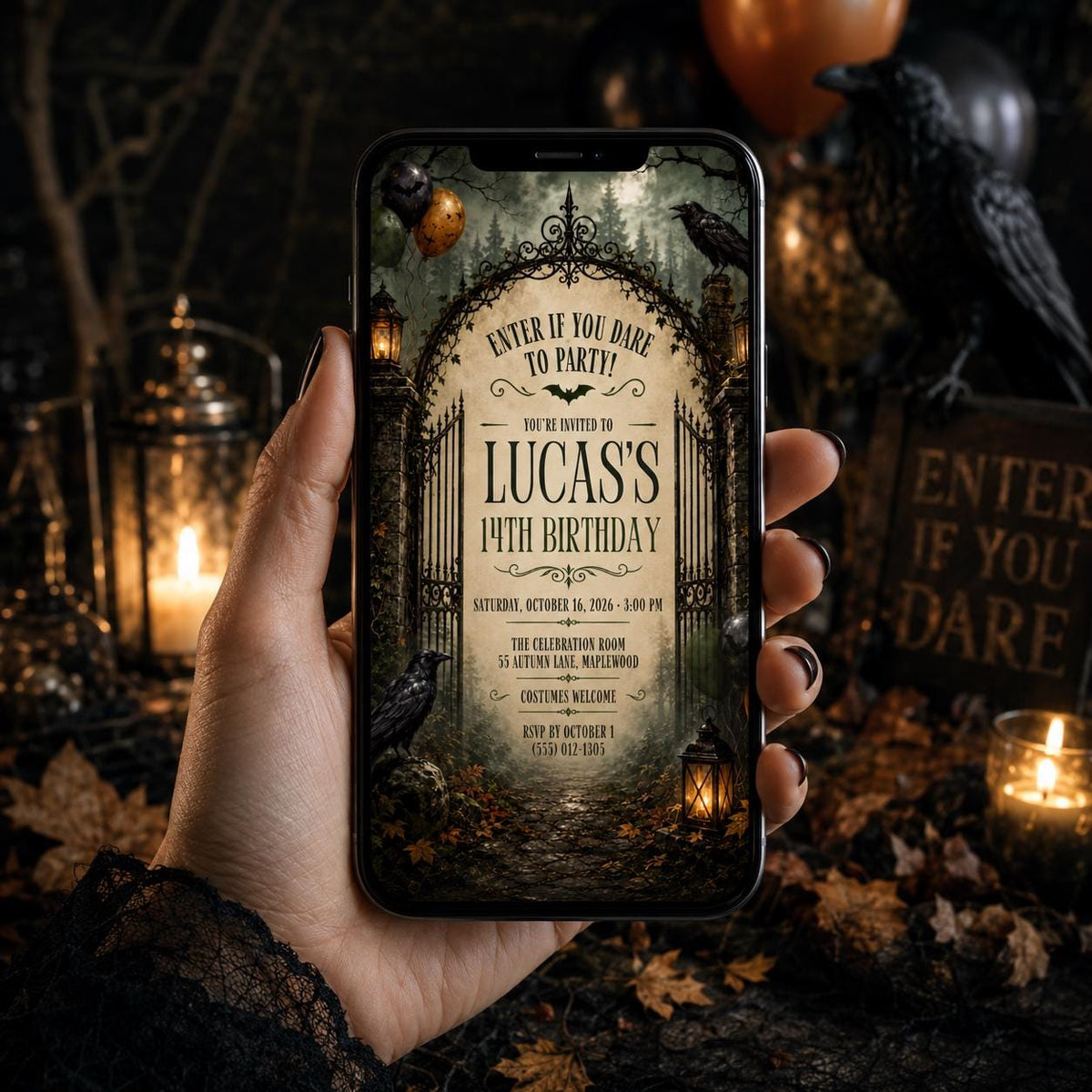 Gothic Halloween Birthday Invitation, Haunted Forest Party Invite, Raven and Lantern Birthday, Spooky Teen Party, Editable Canva Template