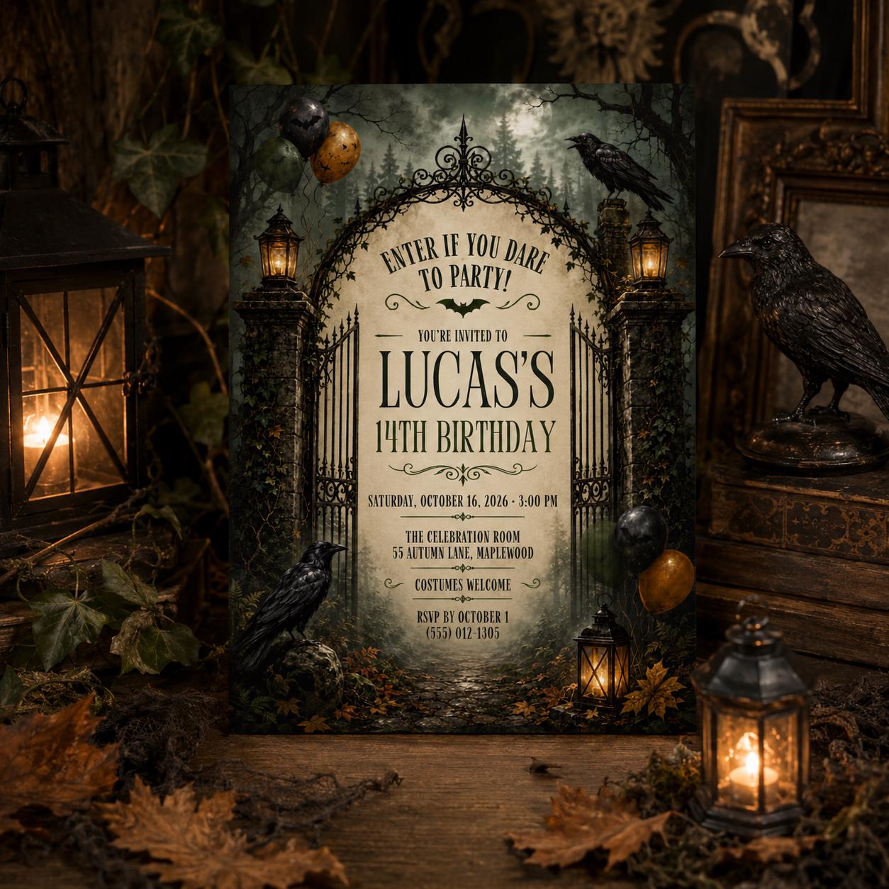 Gothic Halloween Birthday Invitation, Haunted Forest Party Invite, Raven and Lantern Birthday, Spooky Teen Party, Editable Canva Template