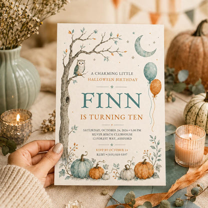 Halloween Birthday Invitation, Pumpkin Owl Fall Birthday Invite, Woodland Autumn Party, Kids October Birthday, Editable Canva Template