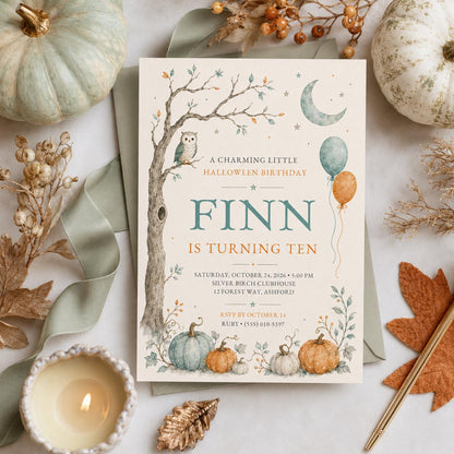 Halloween Birthday Invitation, Pumpkin Owl Fall Birthday Invite, Woodland Autumn Party, Kids October Birthday, Editable Canva Template