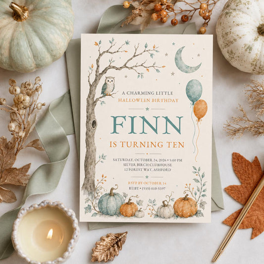 Halloween Birthday Invitation, Pumpkin Owl Fall Birthday Invite, Woodland Autumn Party, Kids October Birthday, Editable Canva Template