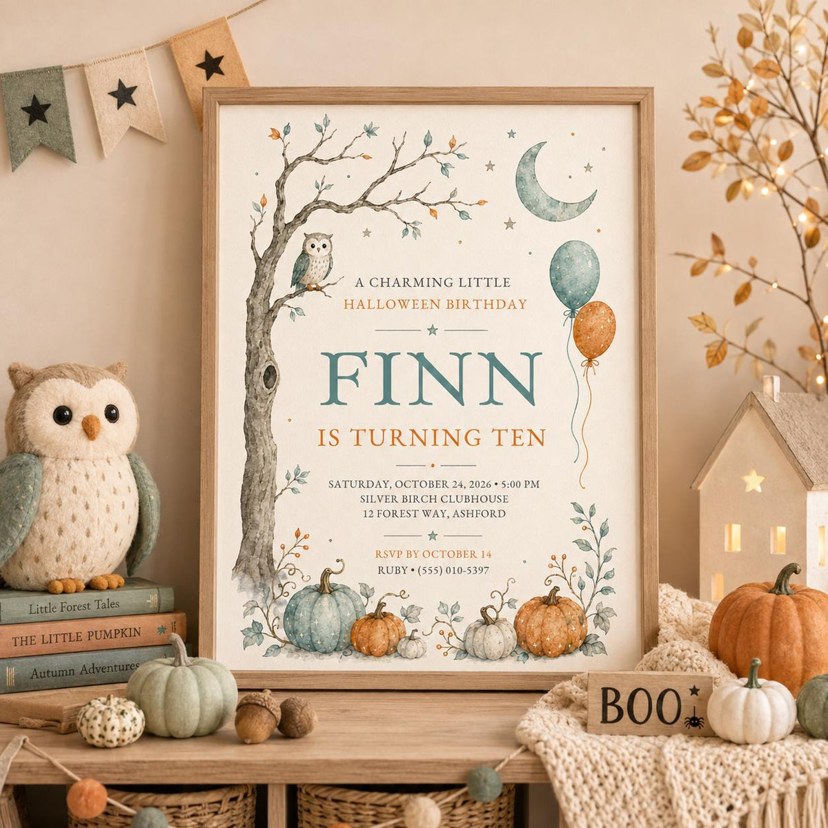 Halloween Birthday Invitation, Pumpkin Owl Fall Birthday Invite, Woodland Autumn Party, Kids October Birthday, Editable Canva Template