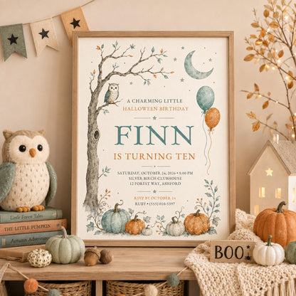 Halloween Birthday Invitation, Pumpkin Owl Fall Birthday Invite, Woodland Autumn Party, Kids October Birthday, Editable Canva Template