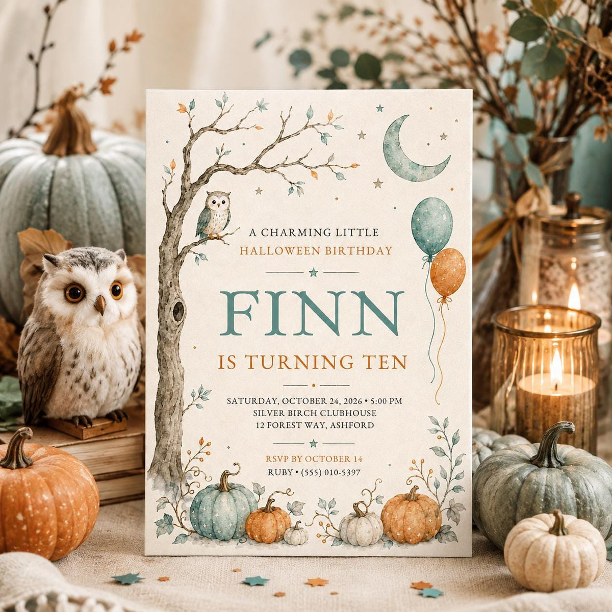 Halloween Birthday Invitation, Pumpkin Owl Fall Birthday Invite, Woodland Autumn Party, Kids October Birthday, Editable Canva Template
