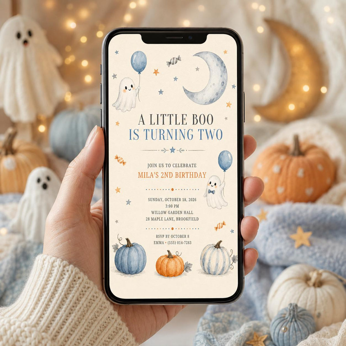 Little Boo 2nd Birthday Invitation, Cute Ghost Halloween Birthday Invite, Pumpkin Fall Party, Toddler Birthday, Editable Canva Template