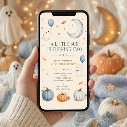 Little Boo 2nd Birthday Invitation, Cute Ghost Halloween Birthday Invite, Pumpkin Fall Party, Toddler Birthday, Editable Canva Template