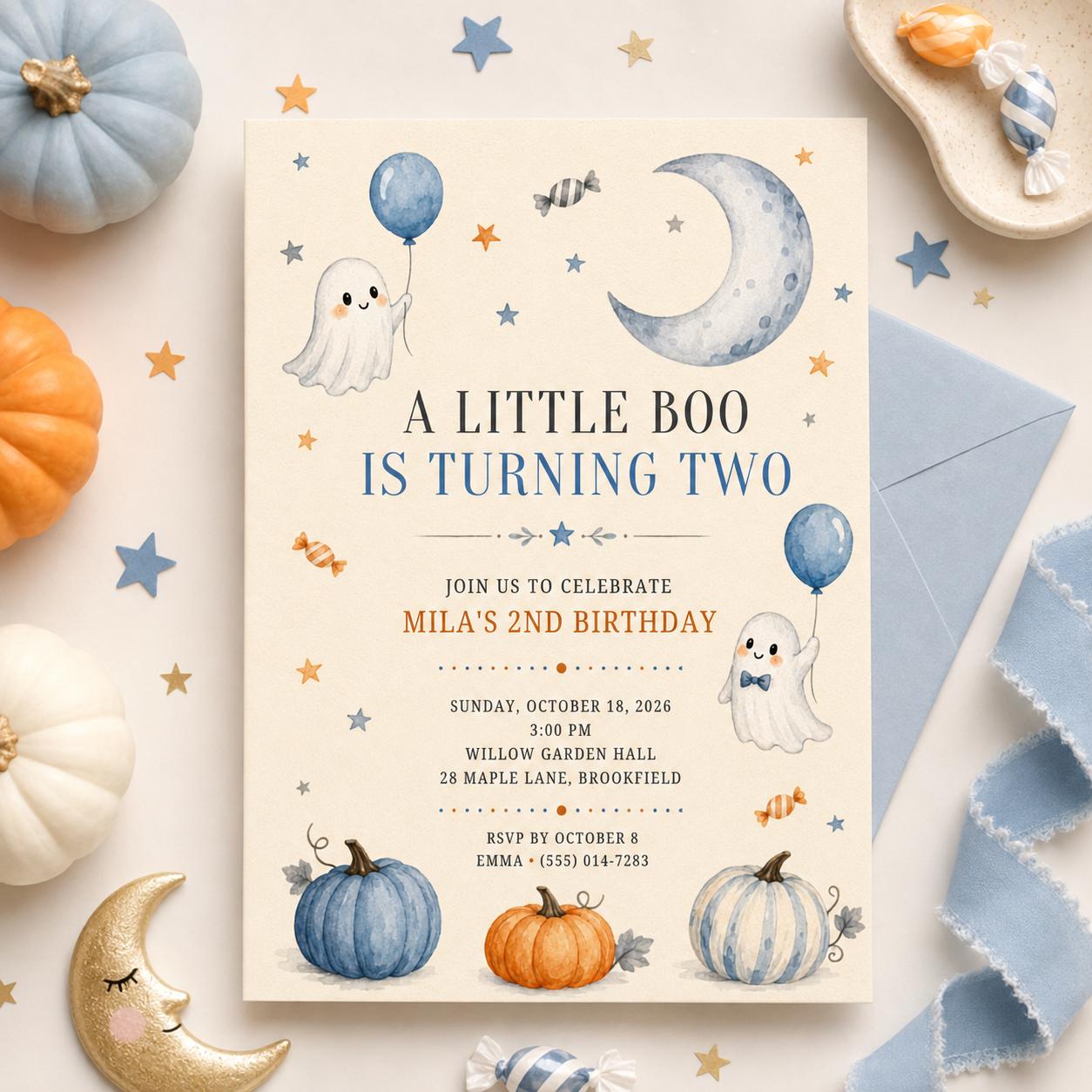 Little Boo 2nd Birthday Invitation, Cute Ghost Halloween Birthday Invite, Pumpkin Fall Party, Toddler Birthday, Editable Canva Template
