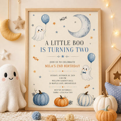 Little Boo 2nd Birthday Invitation, Cute Ghost Halloween Birthday Invite, Pumpkin Fall Party, Toddler Birthday, Editable Canva Template