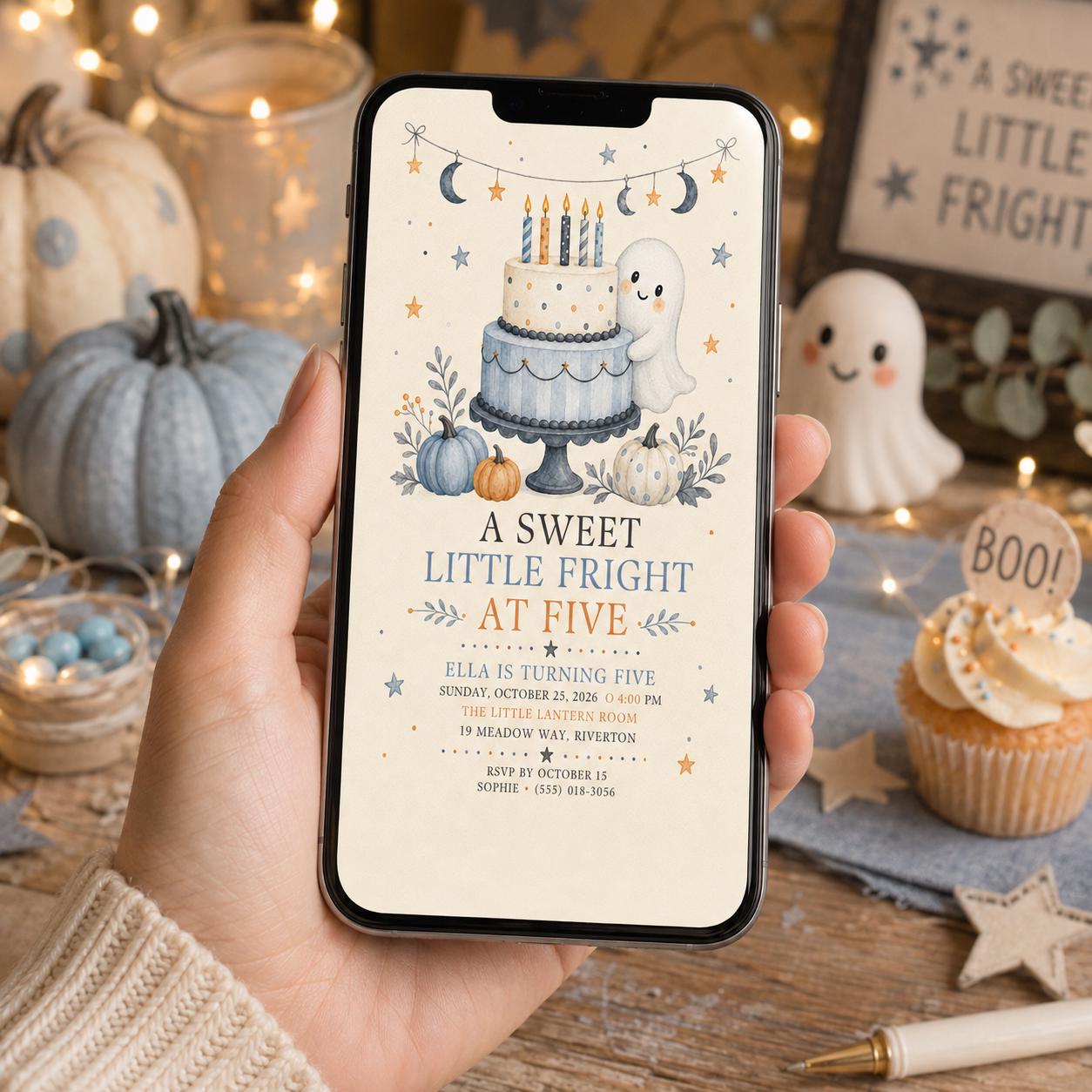 5th Birthday Halloween Invitation, Cute Ghost Pumpkin Birthday Invite, Sweet Spooky Fall Party, Editable Canva Template