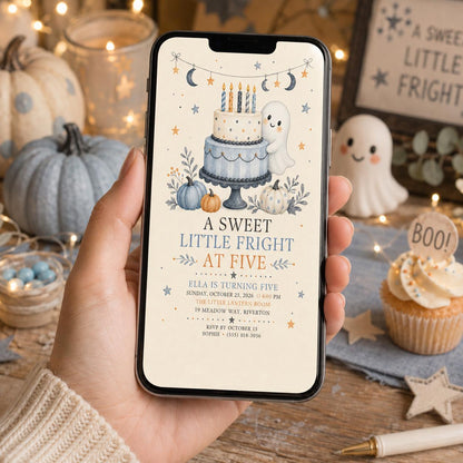 5th Birthday Halloween Invitation, Cute Ghost Pumpkin Birthday Invite, Sweet Spooky Fall Party, Editable Canva Template