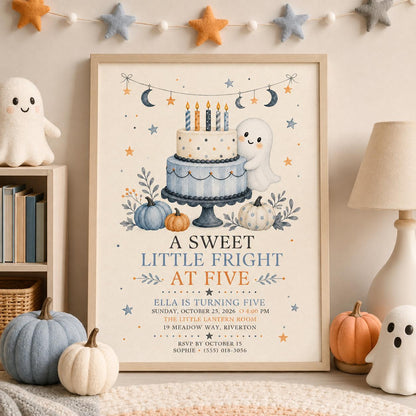 5th Birthday Halloween Invitation, Cute Ghost Pumpkin Birthday Invite, Sweet Spooky Fall Party, Editable Canva Template