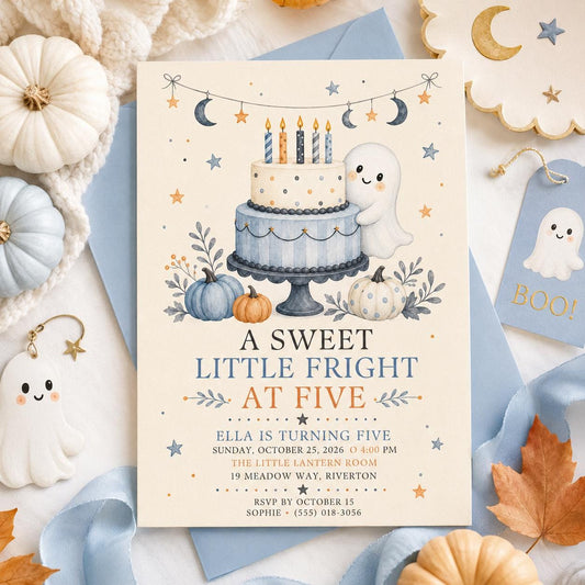 5th Birthday Halloween Invitation, Cute Ghost Pumpkin Birthday Invite, Sweet Spooky Fall Party, Editable Canva Template