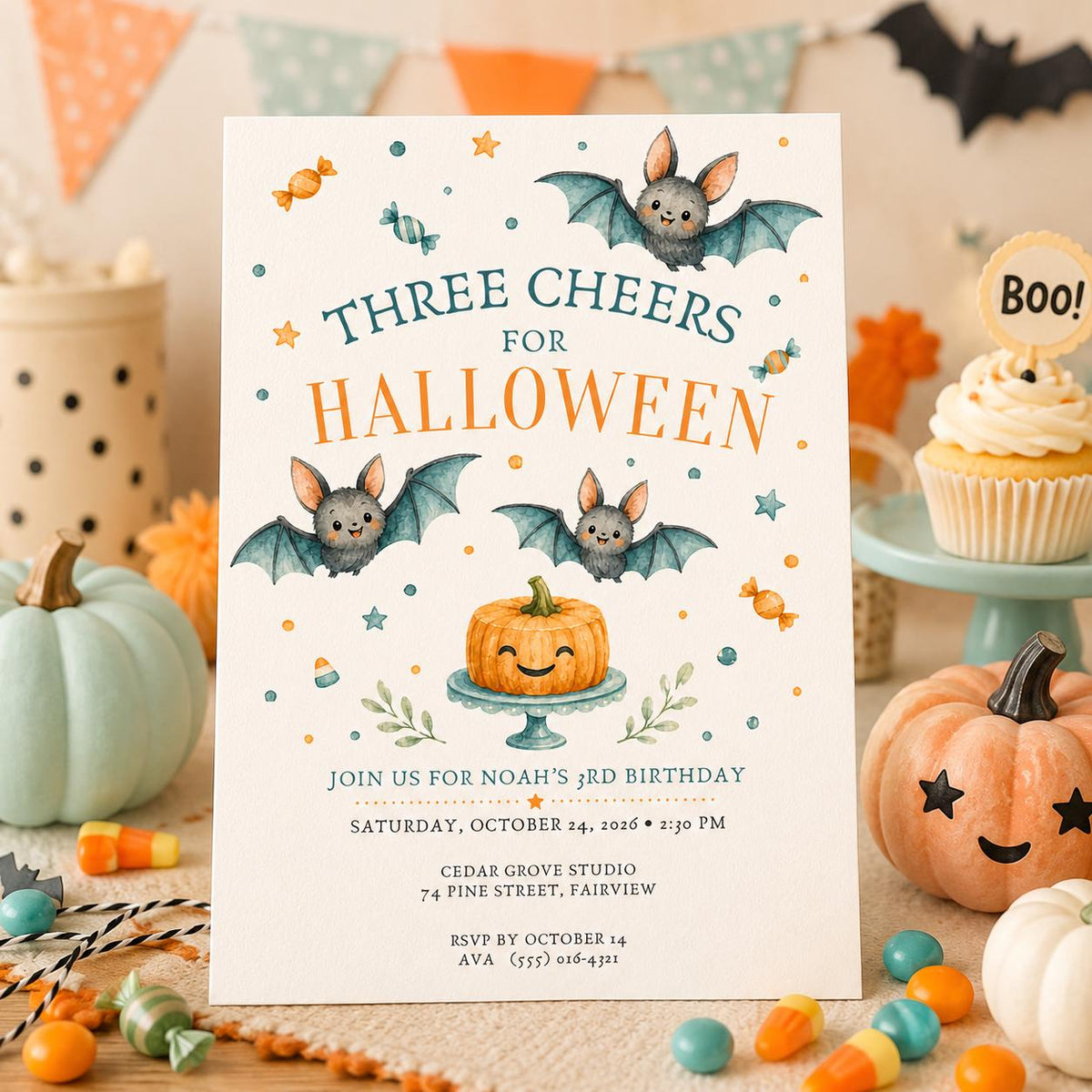 3rd Birthday Halloween Invitation, Cute Bat Pumpkin Party Invite, Kids Spooky Birthday, Orange Blue Halloween, Editable Canva Template