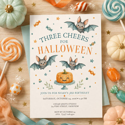 3rd Birthday Halloween Invitation, Cute Bat Pumpkin Party Invite, Kids Spooky Birthday, Orange Blue Halloween, Editable Canva Template