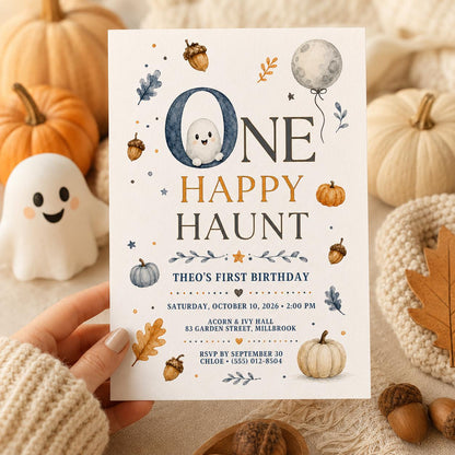 First Birthday Halloween Invitation, One Happy Haunt Birthday Invite, Cute Ghost Pumpkin Fall Party, Editable Canva Template