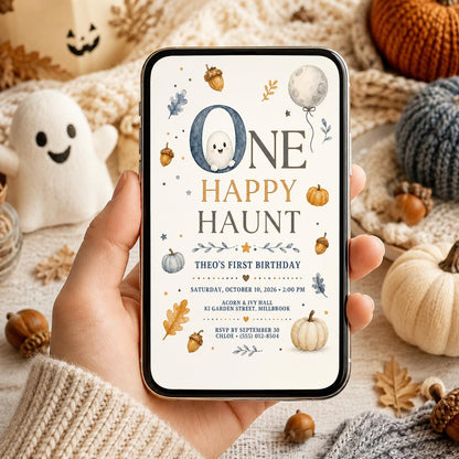First Birthday Halloween Invitation, One Happy Haunt Birthday Invite, Cute Ghost Pumpkin Fall Party, Editable Canva Template