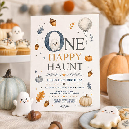 First Birthday Halloween Invitation, One Happy Haunt Birthday Invite, Cute Ghost Pumpkin Fall Party, Editable Canva Template