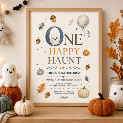 First Birthday Halloween Invitation, One Happy Haunt Birthday Invite, Cute Ghost Pumpkin Fall Party, Editable Canva Template