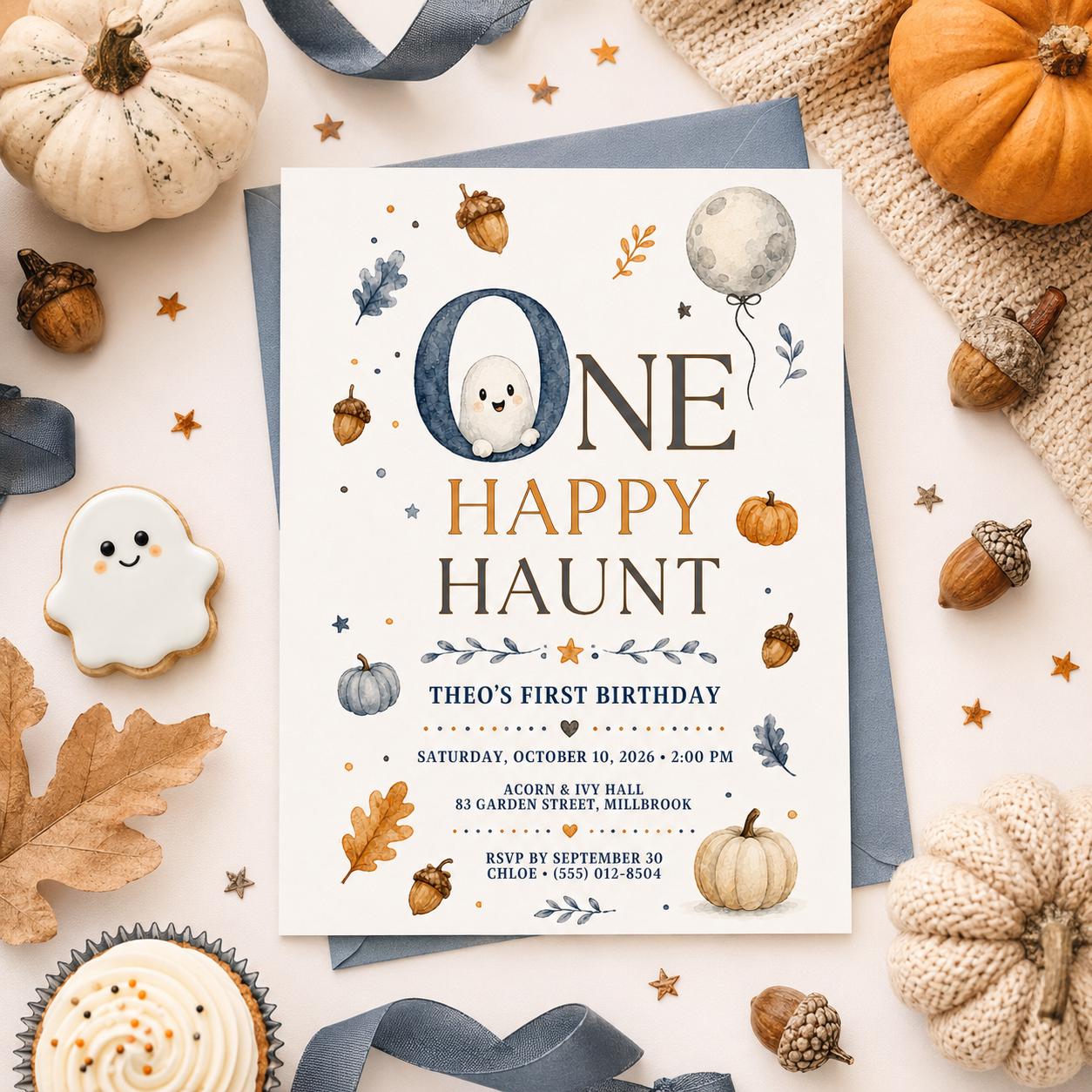 First Birthday Halloween Invitation, One Happy Haunt Birthday Invite, Cute Ghost Pumpkin Fall Party, Editable Canva Template
