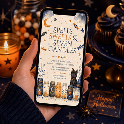 7th Birthday Halloween Invitation, Witch Cat Birthday Invite, Spells and Sweets Party, Celestial Halloween, Editable Canva Template