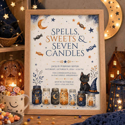 7th Birthday Halloween Invitation, Witch Cat Birthday Invite, Spells and Sweets Party, Celestial Halloween, Editable Canva Template