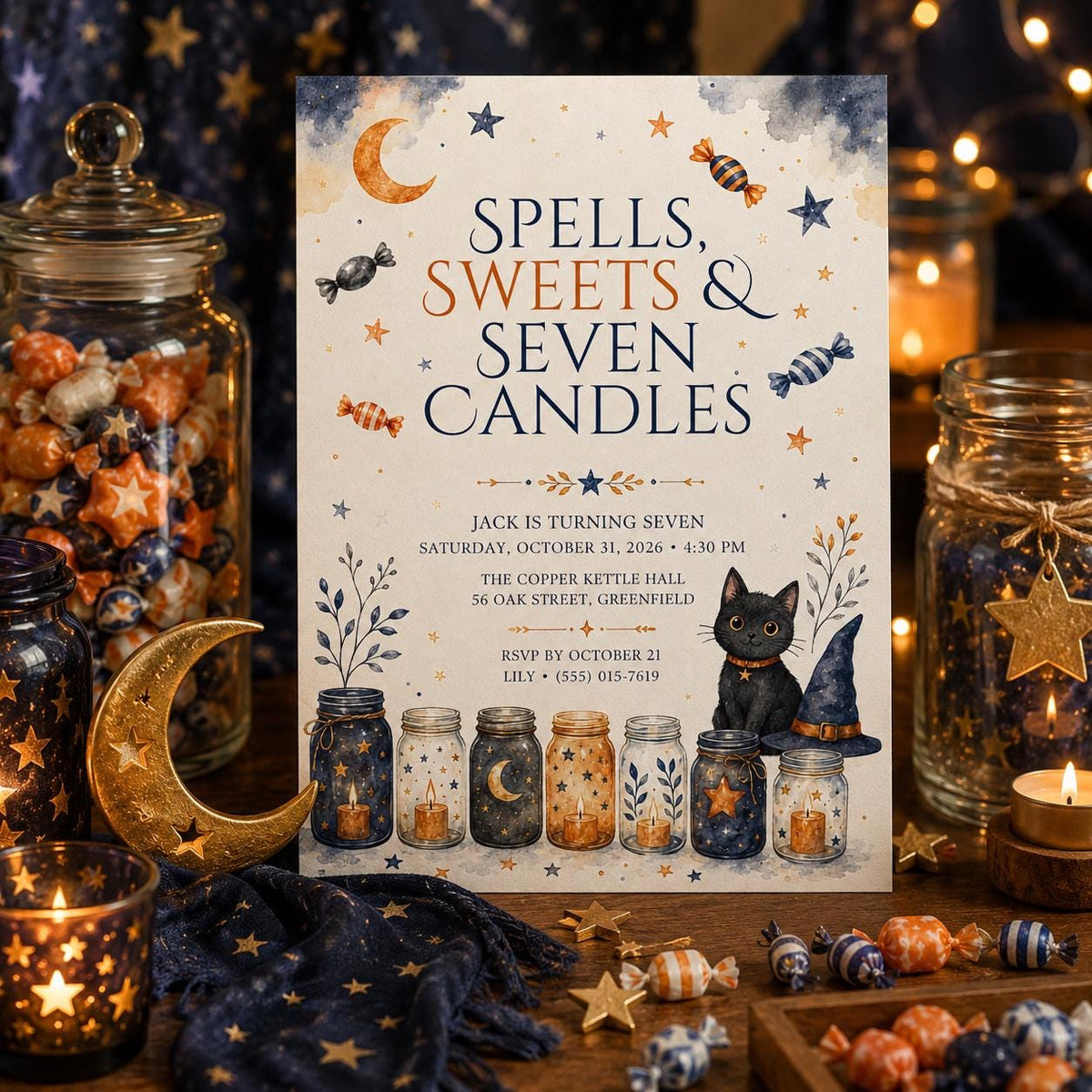 7th Birthday Halloween Invitation, Witch Cat Birthday Invite, Spells and Sweets Party, Celestial Halloween, Editable Canva Template