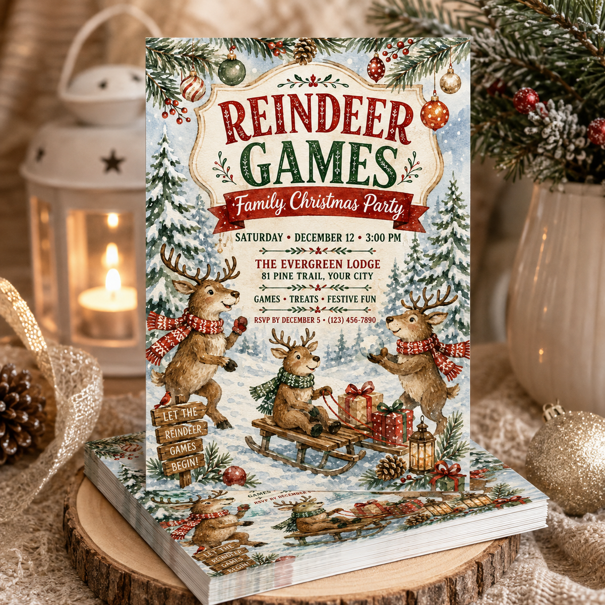 Reindeer Games invitation standing on a wood slice beside a lantern