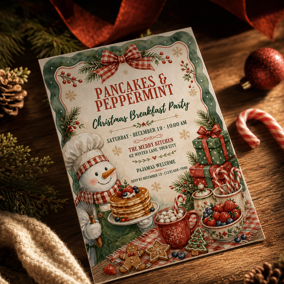 Christmas breakfast invitation on a table with candy canes and pinecones