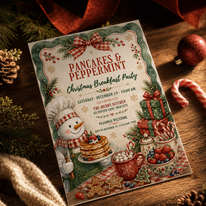 Christmas breakfast invitation on a table with candy canes and pinecones
