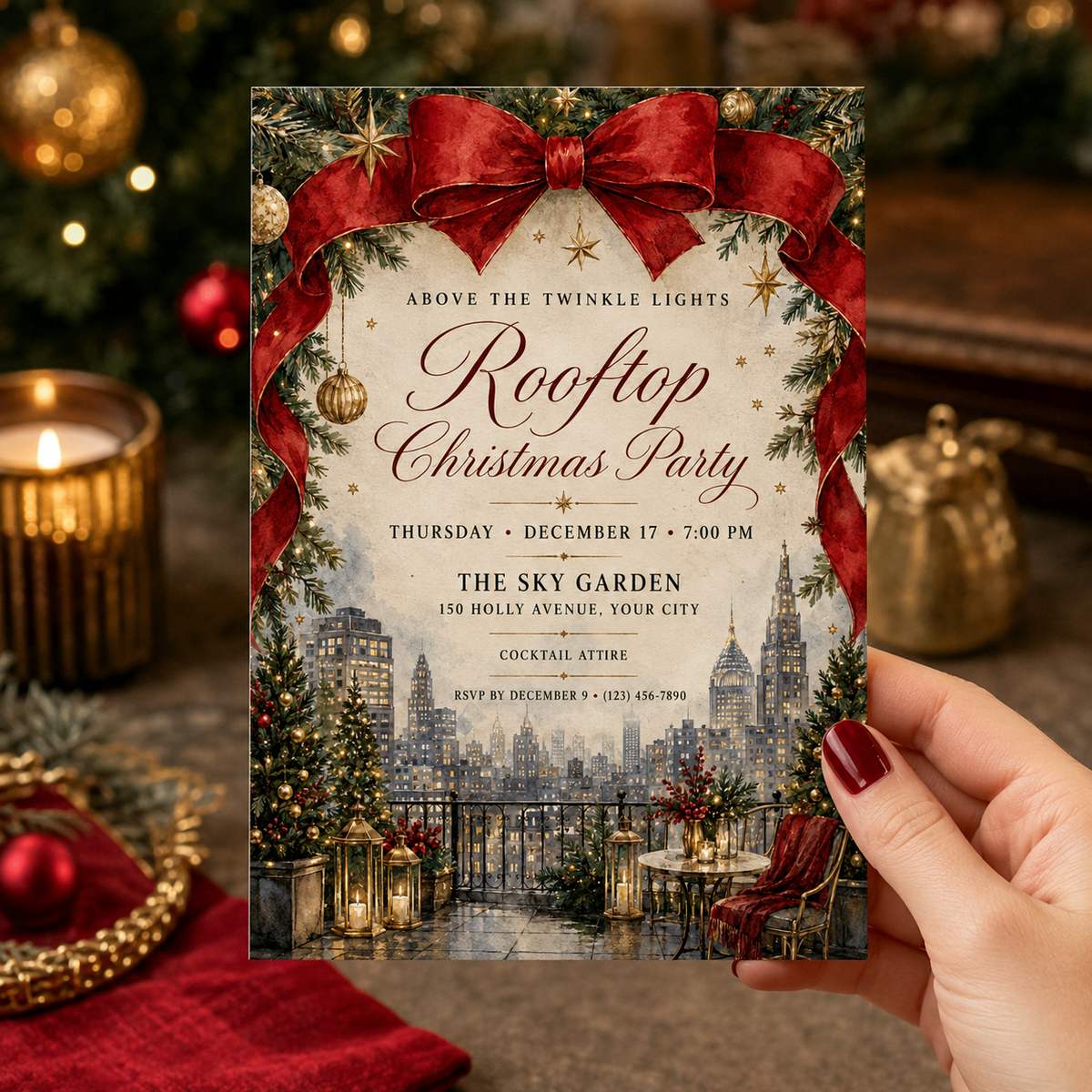 Hand holding a Rooftop Christmas Party invitation with a city skyline