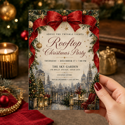Hand holding a Rooftop Christmas Party invitation with a city skyline