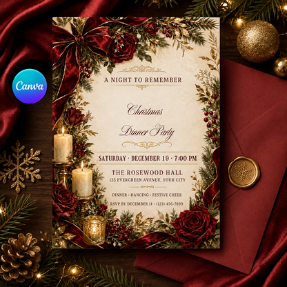 Christmas dinner party invitation with a red envelope and wax seal