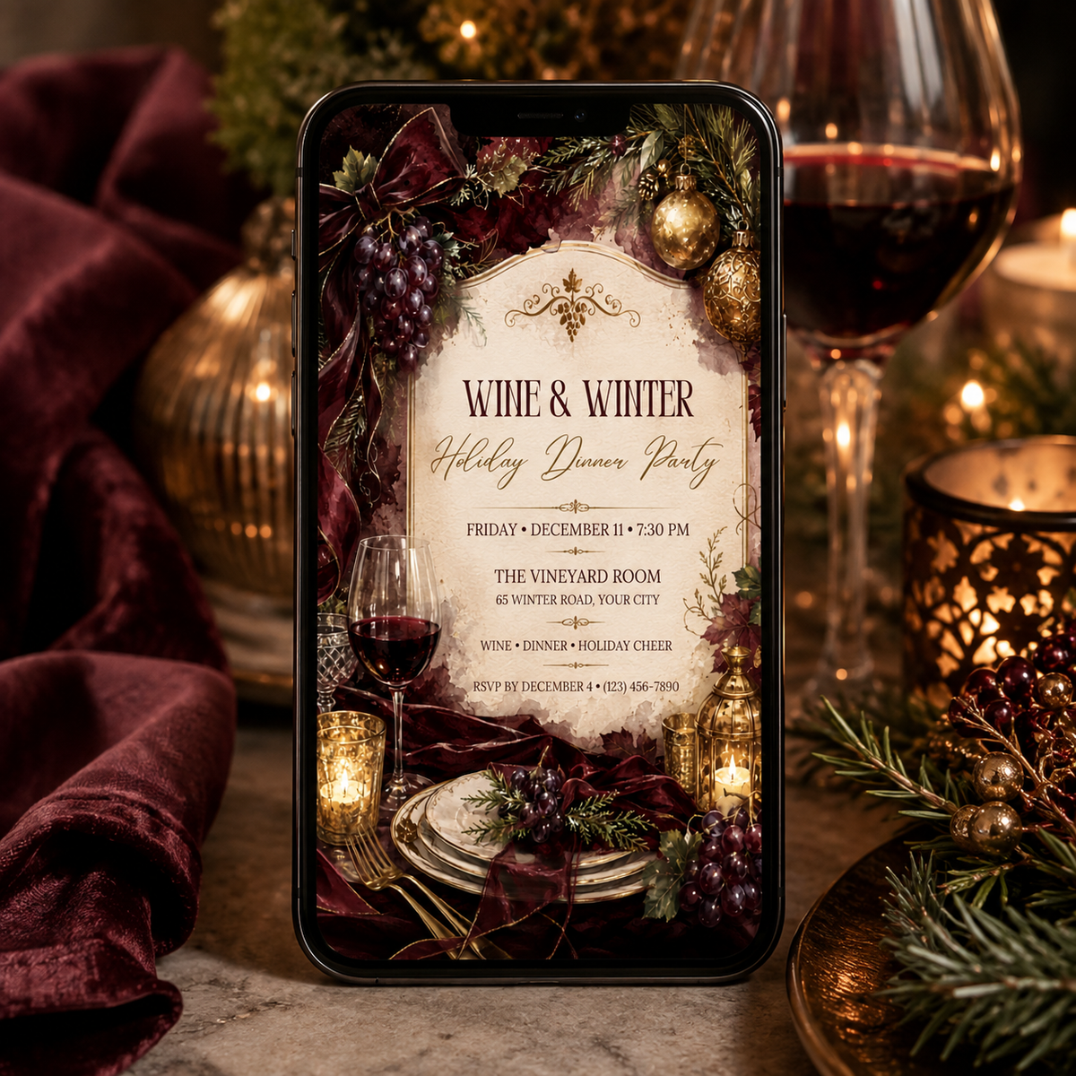 Wine and Winter invitation shown on a phone