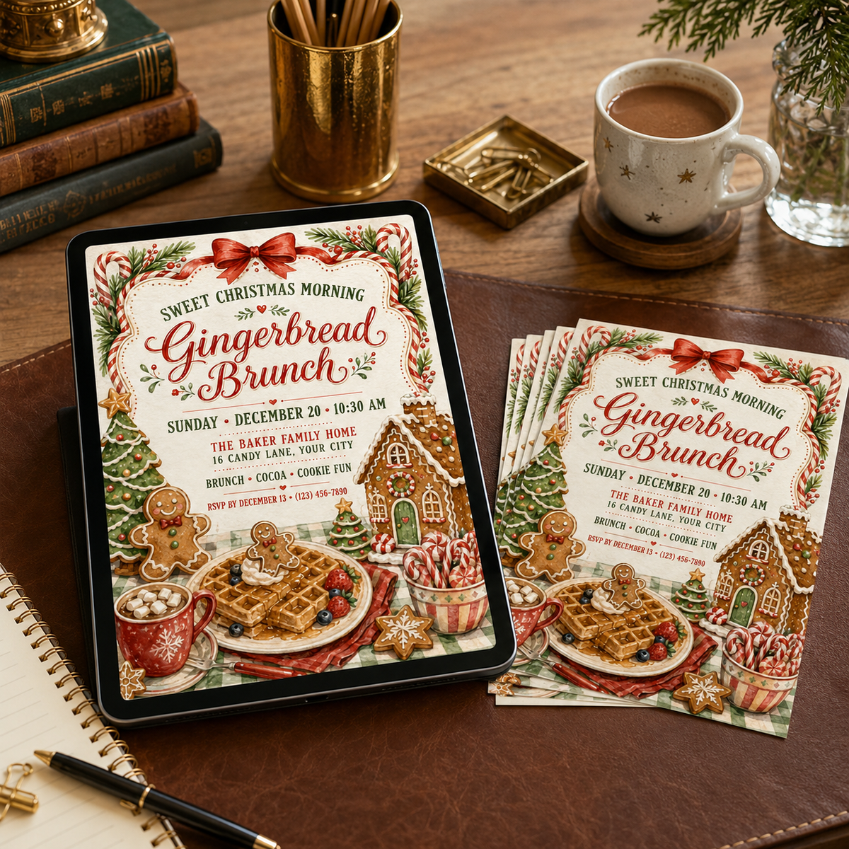 Gingerbread Brunch invitation as a printed card beside a tablet