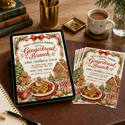 Gingerbread Brunch invitation as a printed card beside a tablet