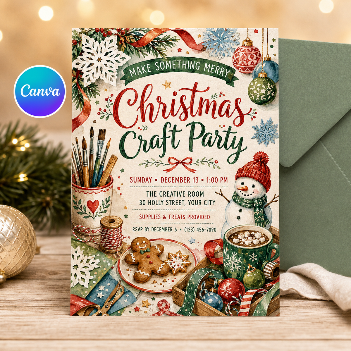 Christmas Craft Party invitation with green envelope
