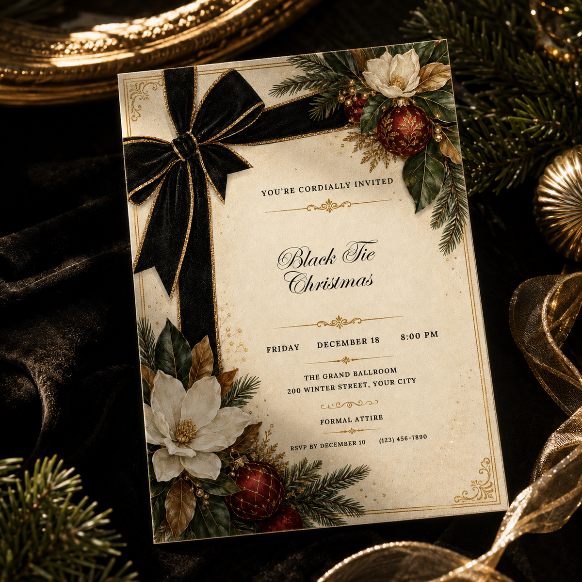 Black Tie Christmas invitation on a dark table with pine and baubles