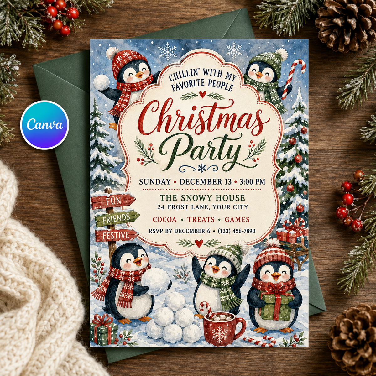 Penguin Christmas invitation with green envelope