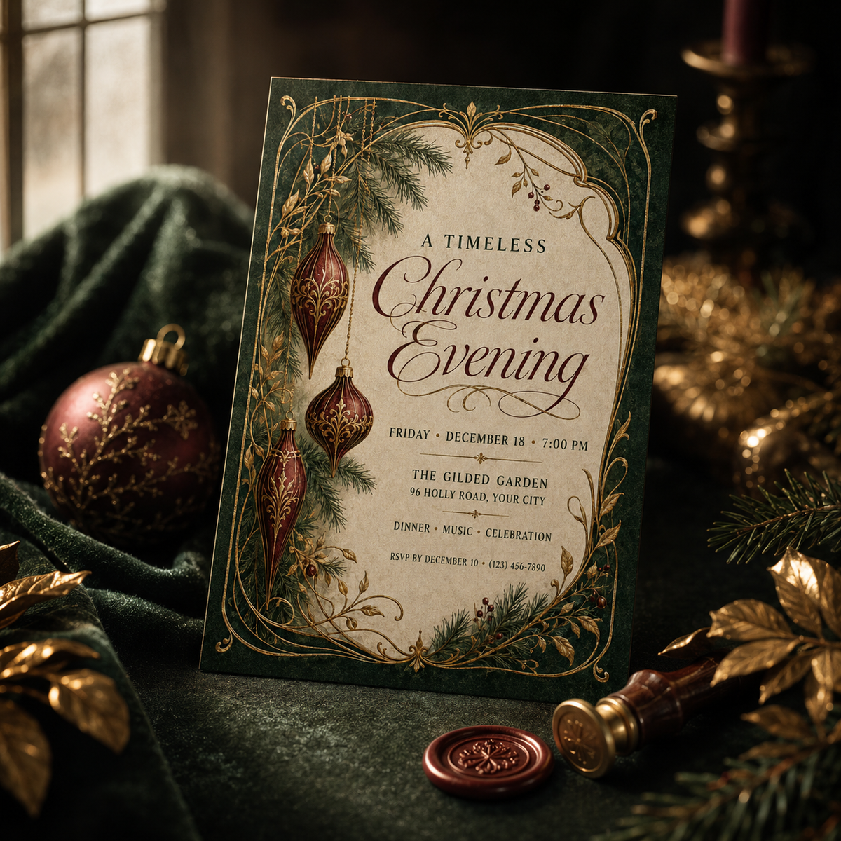 Emerald Christmas invitation on velvet with ornaments and candles