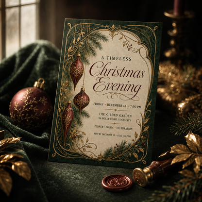 Emerald Christmas invitation on velvet with ornaments and candles