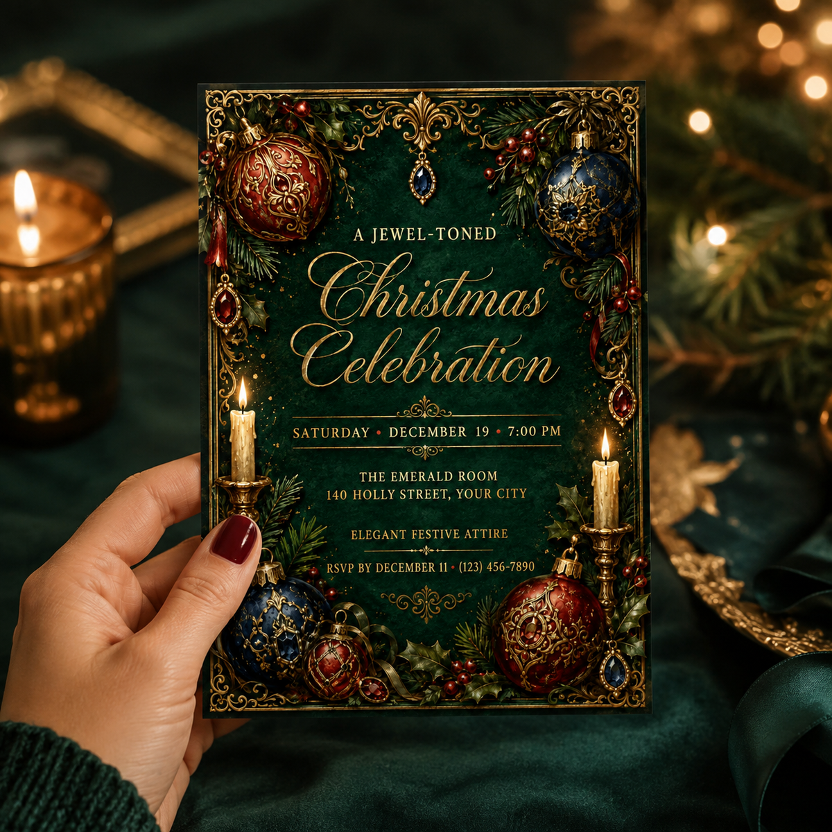 Hand holding an emerald jewel-toned Christmas celebration invitation